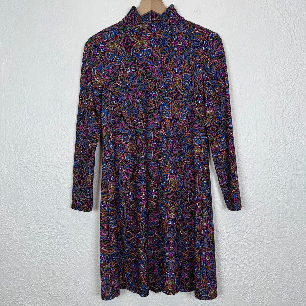 Jude Connally Colorful Paisley Print Mock Neck Long Sleeve Dress Size Small